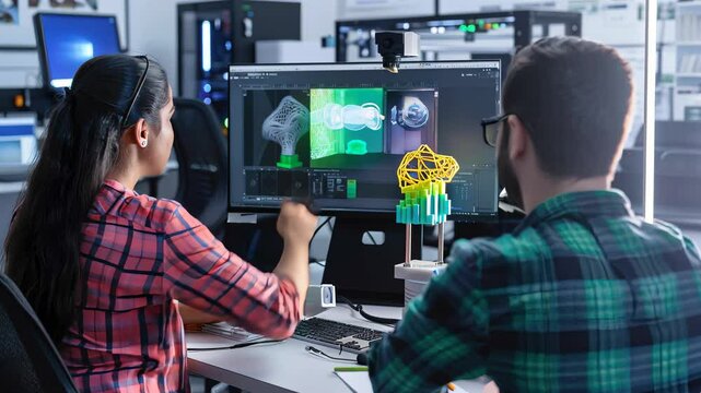 Client collaborates with expert on 3D printed prototype design using digital modeling and real-world testing tools.