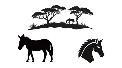 Black silhouette of a zebra showcasing the distinct shape and posture of this iconic wild animal, featuring clean lines and bold contrast, perfect for wildlife-themed designs, educational materials,
