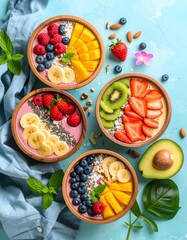 Three tasty bowls of fruit and yogurt beautifully arranged on plush background