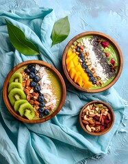 Two delicious smoothie bowls with fruit, nuts, and coconut on plush background display