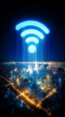 A glowing neon blue Wi-Fi icon hovering above a dark cityscape at night,