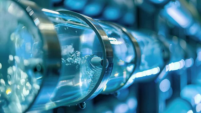Close-up view of transparent desalination membrane pipe where seawater is purified and transformed into clean water