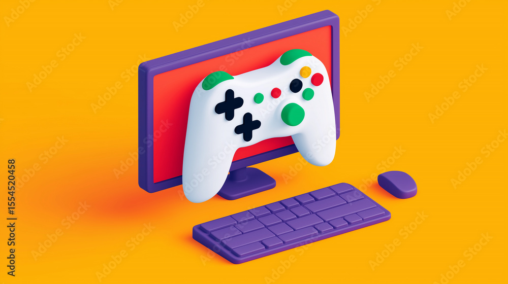 Fototapete gaming action computer setup with controller digital art vibrant environment creative viewpoint
