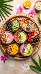 Fresh flat lay of colorful plate featuring fruit and nuts arranged on vibrant background