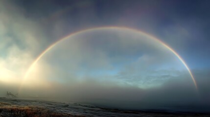 Realistic rainbow arc appearing faintly in misty sky, crisp natural horizon.
