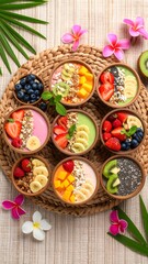 Fresh flat lay of colorful plate featuring fruit and yogurt displayed on woven background