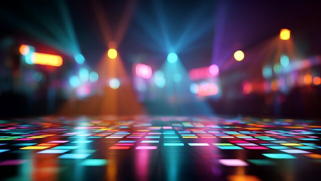 Blurred Disco Club Scene with Colorful Laser Lights and Neon Glow Reflections – Nightlife Entertainment Background