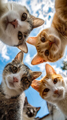 Five cats looking at the camera, with cute and happy expressions, standing in a circle, viewed from below against the sky,