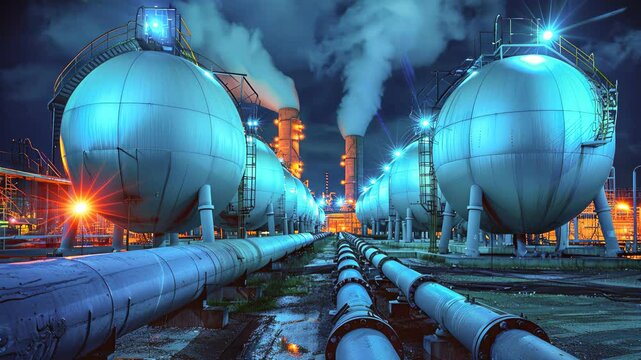 Large spherical gas storage tanks at LNG plant, pipelines in foreground, industrial lights at night