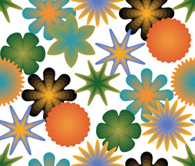 Vibrant overlapping flowers in various shapes and colors create a vector seamless pattern