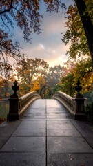 Majestic bridge framed by autumn foliage captured from a rear angle in the park
