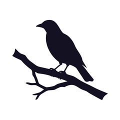 Blackbird or Robin Perching on a Twig Silhouette Vector Icon.
