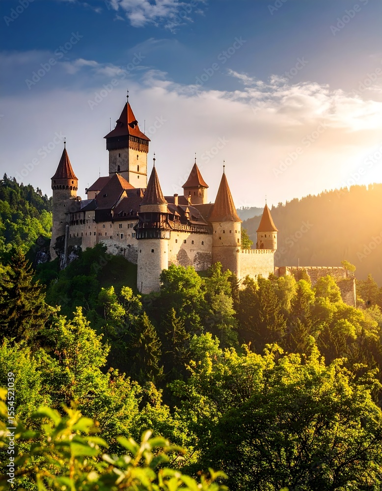 Poster an intriguing close-up view of a castle enveloped by a dense forest rich in greenery