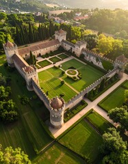 A majestic bird's-eye view of a castle nestled in a lush green field surrounded by nature