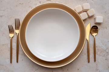 Elegant gold-accented table setting featuring a smooth white plate surrounded by refined cutlery and sugar cubes beautifully arranged on a textured marble surface inviting culinary artistry