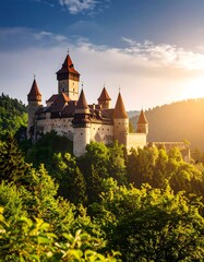 An intriguing close-up view of a castle enveloped by a dense forest rich in greenery