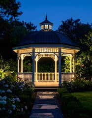A charming rear view of a majestic gazebo nestled in a beautiful garden surrounded by nature