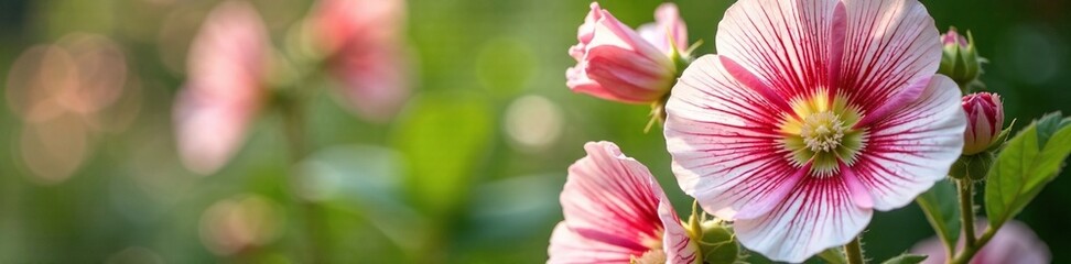 Hollyhock plant with pink and white striped flowers, white, flower, summer