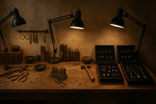 Jeweler's workshop featuring an array of tools and beautifully crafted jewelry on a wooden workbench, illuminated by two bright lamps - Powered by Adobe