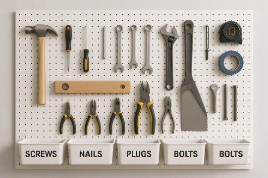 Work tools hanging on a white pegboard, including pliers, hammer, wrenches, and screwdriver, creating an organized and efficient workshop environment
