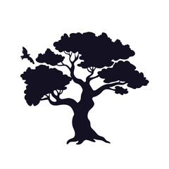 Old Oak or Bonsai Tree with Bird Silhouette Vector.