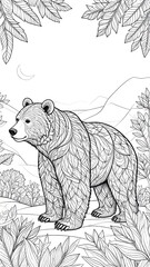 Intricate line art of a bear in forest setting designed with black and white organic shapes