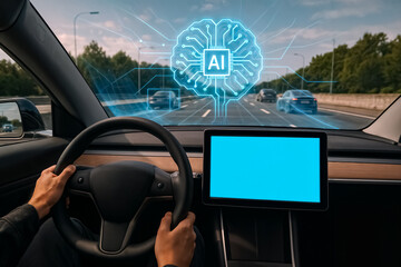 Automated vehicle featuring artificial intelligence driving assistance depicted in the driver's point of view on a sunny highway. Copy space in the interior monitor. 