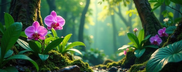 Lush undergrowth with orchids blooming in the rainforest, flowers, tropical, lush undergrowth