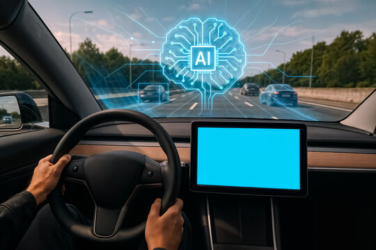 Automated vehicle featuring artificial intelligence driving assistance depicted in the driver's point of view on a sunny highway. Copy space in the interior monitor. 