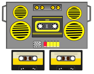  clipart magnéto à cassette et deux cassettes, PNG fond transparent