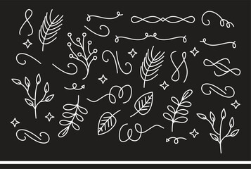 Spring leaves and flowers set, cute hand drawn seasonal objects. Vector illustration in flat style