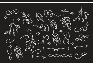 Spring leaves and flowers set, cute hand drawn seasonal objects. Vector illustration in flat style