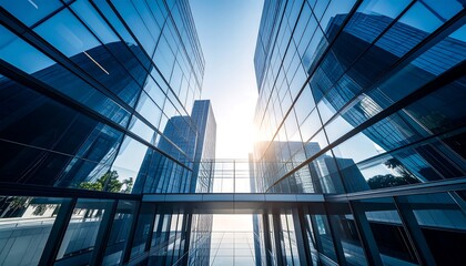 Modern architecture soars skyward with sleek glass facades reflecting the bright sun in a vibrant urban landscape.
