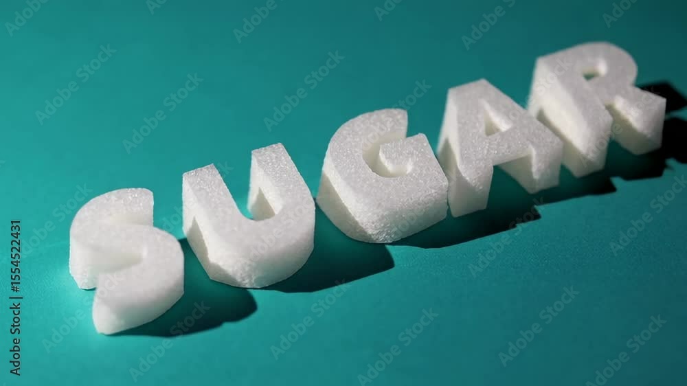 Poster white sugar cubes form the word sugar casting a shadow on a turquoise background, highlighting the c