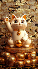 Fortune Cat with raised paw, sitting on a pile of gold ingots