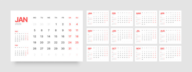 Monthly calendar layout for 2026 year. Diary planner for 2026 year. Week Starts on Monday. 