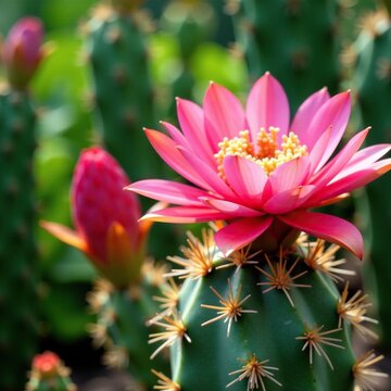 Pink and red lobivia hybrid cactus flowers blooming in tropical garden, flowers, red