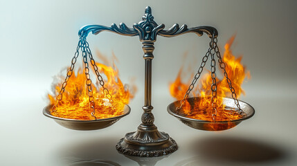 A balance scale with fire on one side and water on the other, fire vs water balance scale, balance in the conflict of fire and water
