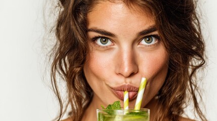 Close-up of a beautiful woman enjoying a refreshing mojito cocktail