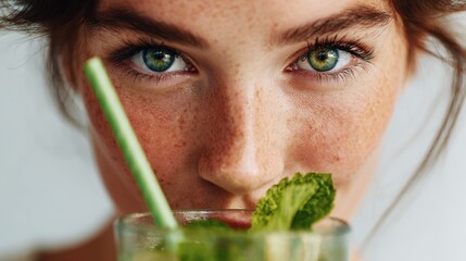 Young woman drinking healthy green juice with biodegradable straw
