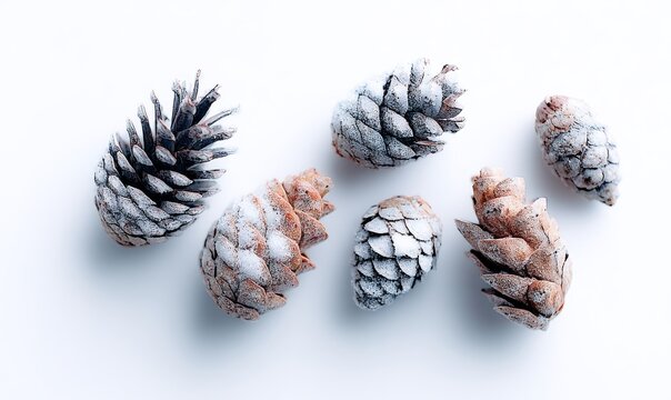 The image of snowy pine cones and a blurred evergreen tree evokes a festive winter scene, complete with brown cones dusted in white snow that implies a cold, holiday ambiance