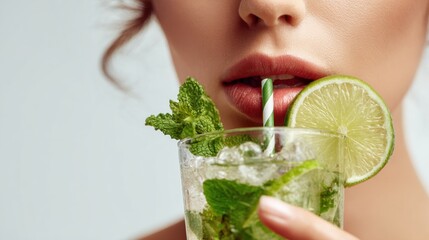 Woman drinking refreshing mojito cocktail with lime and mint