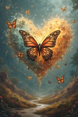 "Magical Butterfly Heart in Fantasy Forest Stream – Surreal Nature Artwork"

