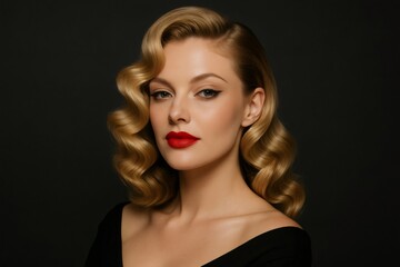 Fototapeta premium Blonde woman with glamorous curls and striking red lipstick posing elegantly against a sleek black background in a professional studio setting