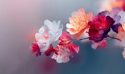 Obraz premium A delicate and serene floral arrangement is depicted in watercolor, showcasing pink, orange, and blue blossoms on a soft backdrop