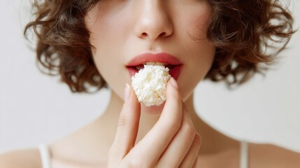 Woman holding a coconut candy ball near her mouth