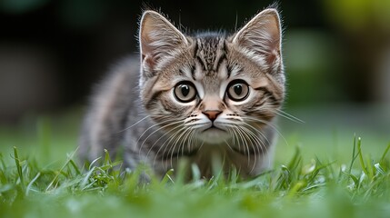 Adorable Tabby Kitten in a Green Meadow: Playful and Curious