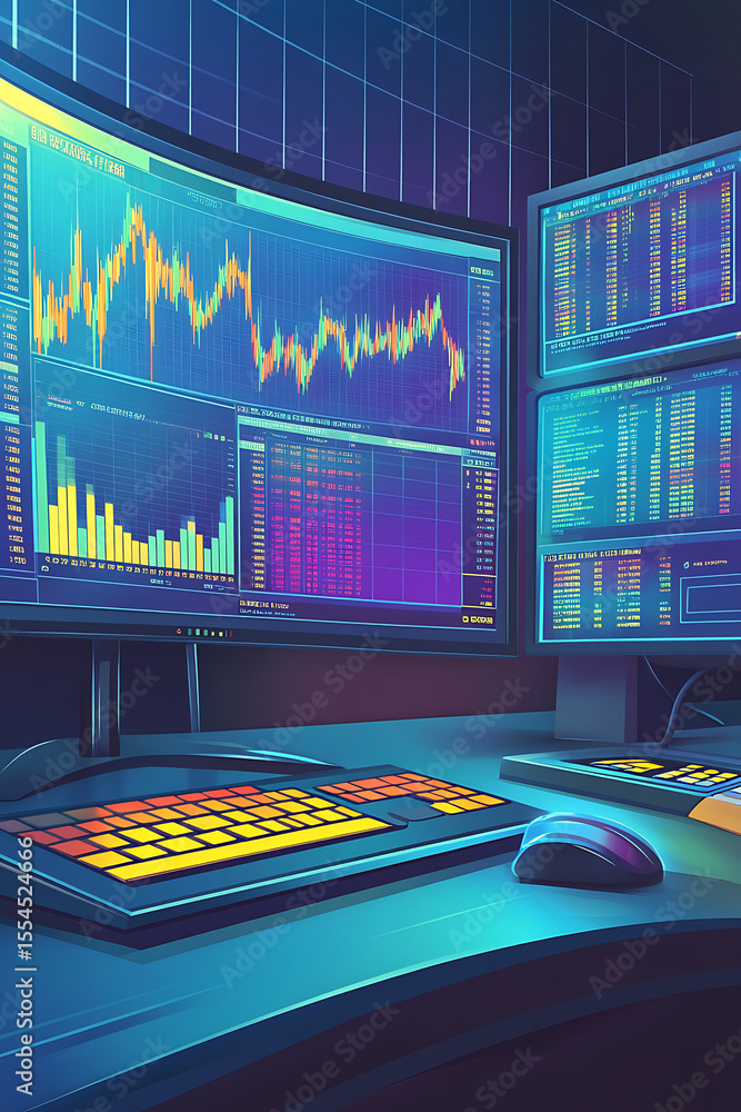 Poster vibrant digital trading setup featuring multiple screens displaying stock market data and graphs