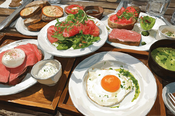 Artistic Breakfast Illustration with Eggs, Avocado, and Toasted Bread