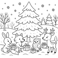 Obraz premium Fox, bunny, owl and reindeer exchanging Christmas gifts under a snowy pine tree in a black and white illustration for children's book